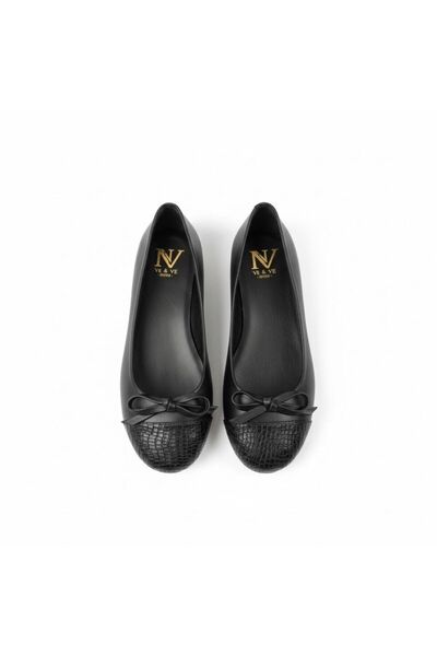 NE&VE SHOES Siyah Deri Yılan Baski Garnili Biye Detaylı Kadın Babet