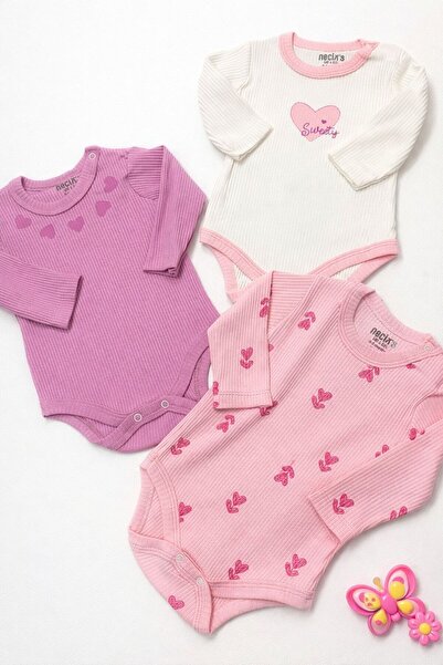 İZYALİF BABY Baby Girl 3-Piece Bodysuit Set Long Sleeve Set Ribbed Fabric