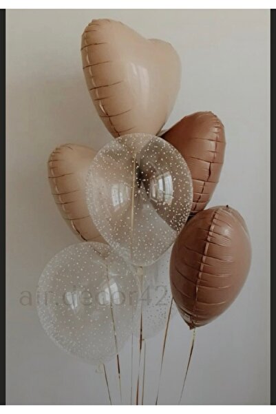 Çemrek Süs Parti Transparent and Coffee Beige Heart Balloon Set 7 Pieces