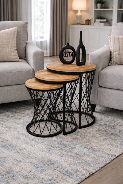 Teknor Hasır Telli Model Statik Zigon Sehpa Antik Çam Ahşap Tabla