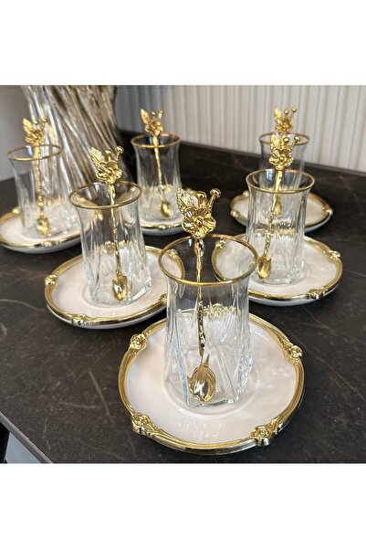 atabey home طقم شاي من البورسلين المطلي بالذهب الحقيقي من زوي، 18 قطعة - 6 أط...