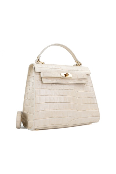 Posete Fagaras Teresa Leather Purse - Croco - Beige, Casual Bag Made of Genui...