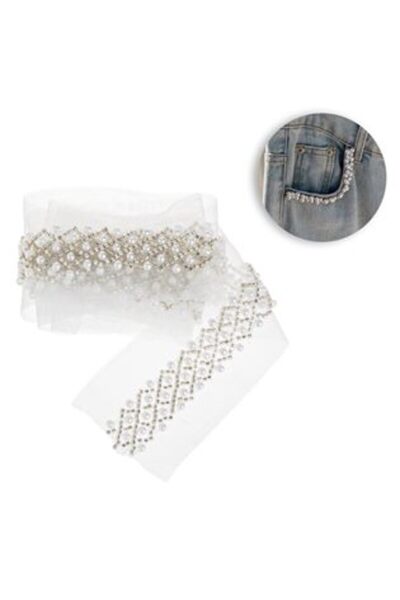 SHOPIENS Panglică de cusut cu mărgele albe și argintii 90 x 2 cm