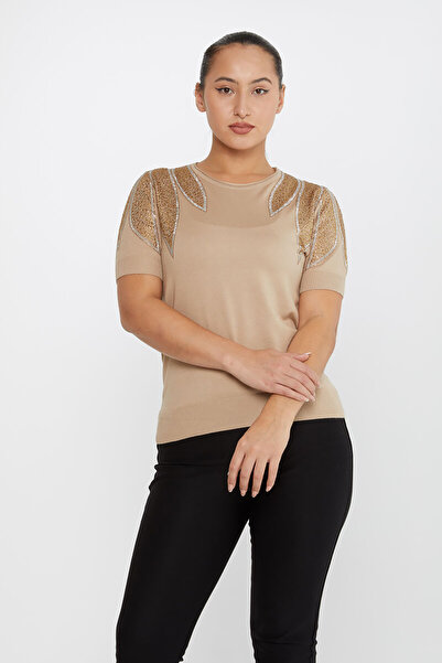 KAZEE Women's Stone Detailed Short Sleeve Knitwear Sweater 30792 Mink