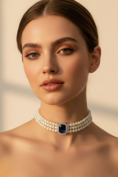 Happyline Cam İncili Gümüş Kaplama Tasma Lacivert Taşlı Choker Baget Kolye Öz...