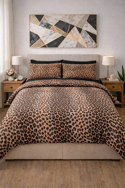 Mirvona Home Ranforce Leoparlı Çift Kişilik Lastikli Çarşaflı Fermuarlı Nevre...