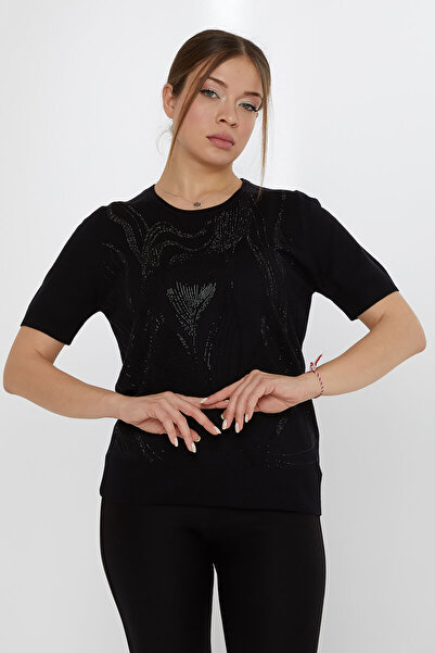 KAZEE Pulover tricotat cu mânecă scurtă, model american, decorat cu pietre, p...