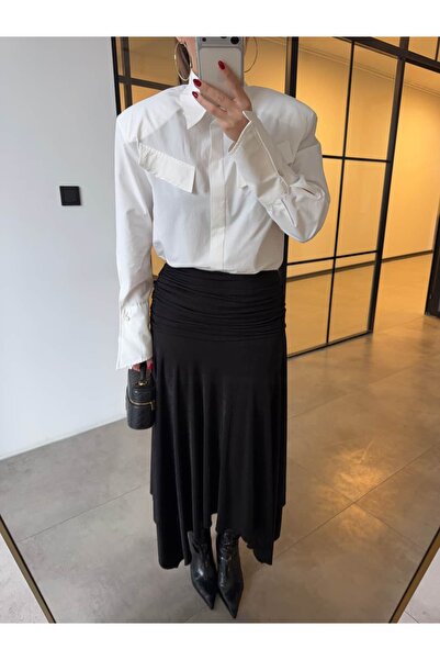 BB Bensu Buyruk BELDEN DRAPELİ MAXİ ETEK SİYAH