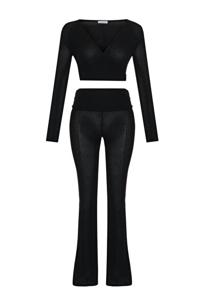 AQUELLA Crinkle Black Wrap Cardigan - Pants Two-Piece Set