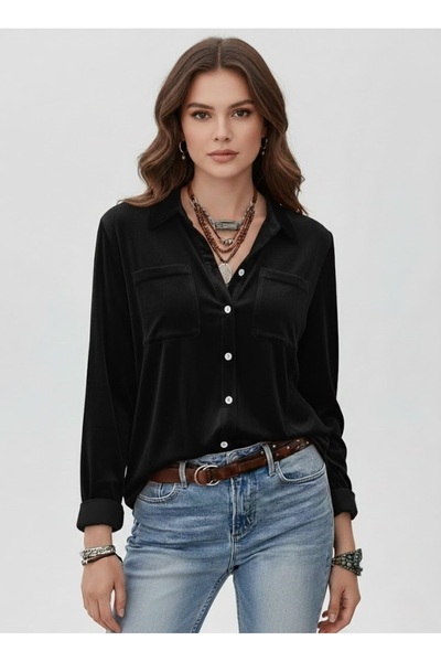 Modayakamoz Kadın Cep Detaylı Kadife Gömlek - Şık Ofis ve Günlük Stil