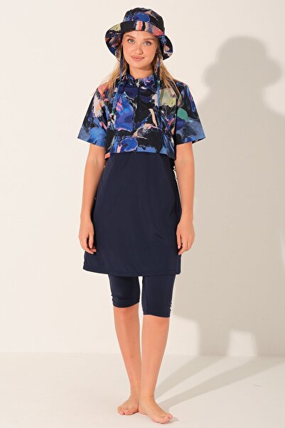 ALFASA Crop Look Half Sleeve Semi-Closed Swimsuit with Hat - Alf26711