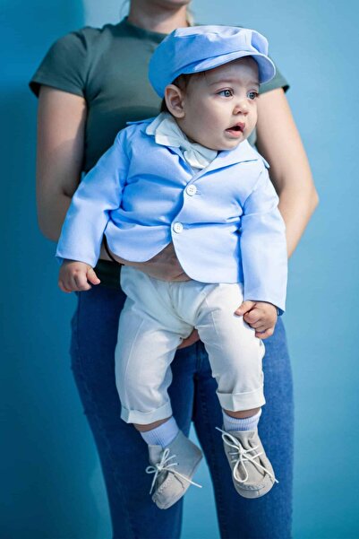 Andreeatex Boys' cotton baptism suit with suspenders and bow tie, 5 pieces, blue