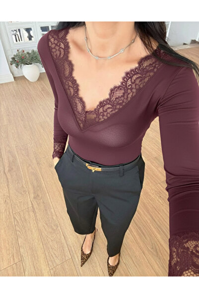 TLG GİYİM Women's V-Neck Transparent Lace Detail Cashmere Ultra Light Blouse