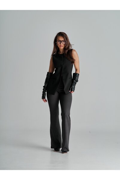Moije Women's Crow's Feet Patterned Lycra Flared High Waist Black Anthracite Ribbed Leggings Trousers