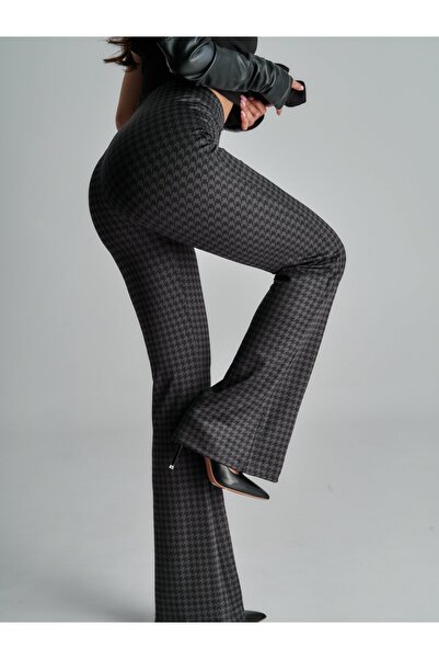 Moije Women's Crow's Feet Patterned Lycra Flared High Waist Black Anthracite ...