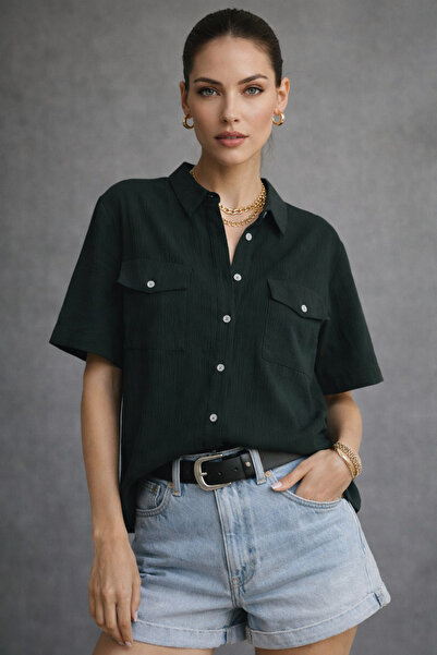 Rich Жіноча сорочка з кишенями, коротким рукавом, кольору хакі