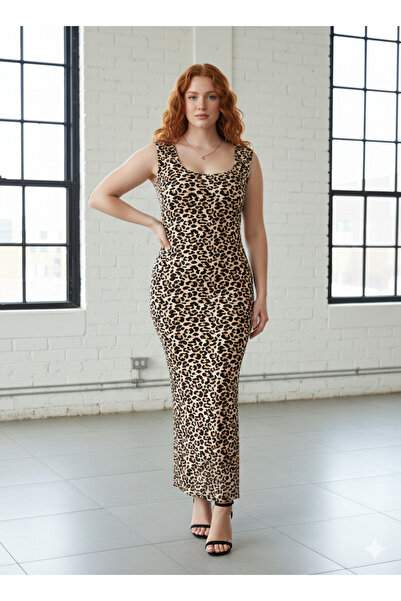 JustBS Φόρεμα Λεοπάρ με τετράγωνο γιακά και σχισμή στο στέλεχος Aura Boost