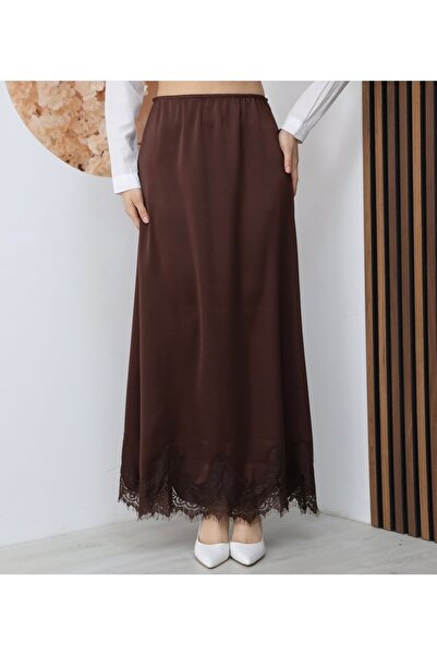 Moda Banuş Καφέ δαντελένια φούστα με λεπτομέρειες από σατέν μακριά ελαστική μέση