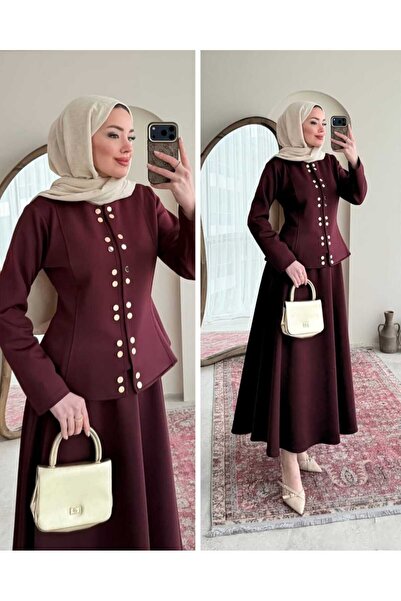 butik hira Scuba Skirted Suit with Snap Detail