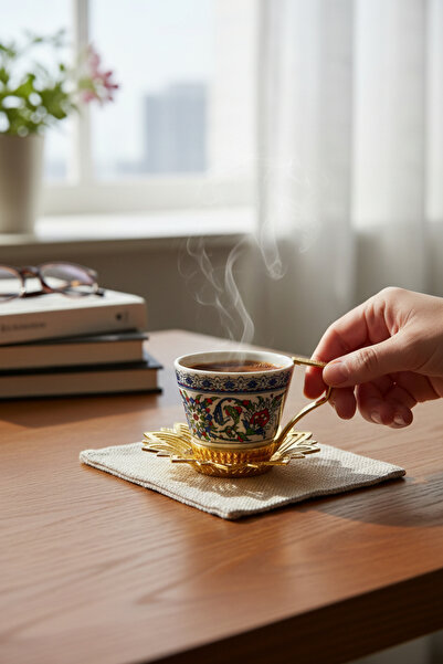 Yardımcı Bakır Since 1997 Tile Patterned Gold Plate Turkish Coffee Cup Set