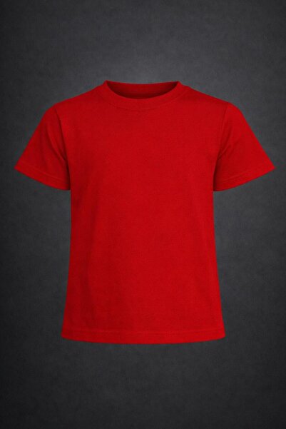 NACAR STORE تي شيرت للأولاد والبنات باللون الأحمر السادة وياقة دائرية