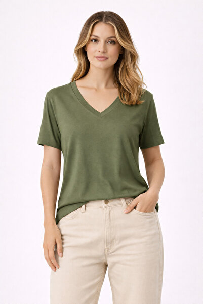 modavingo Women's Khaki V-Neck Short Sleeve Basic Blouse