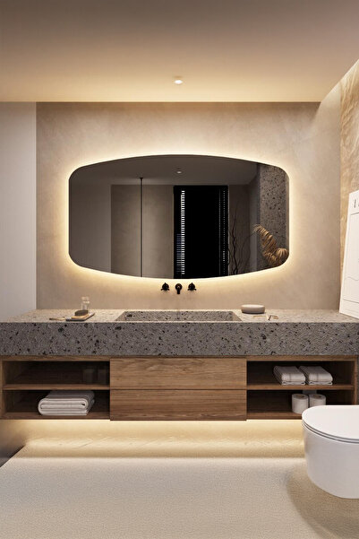 Fawdecor Modern Asimetrik LED Işıklı Banyo Aynası - Arkadan Aydınlatmalı Özel...