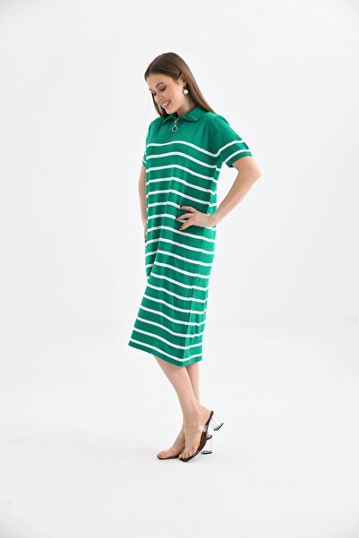 Park Karon Women's Polo Collar Striped Maxi Length Knitwear Dress 10027