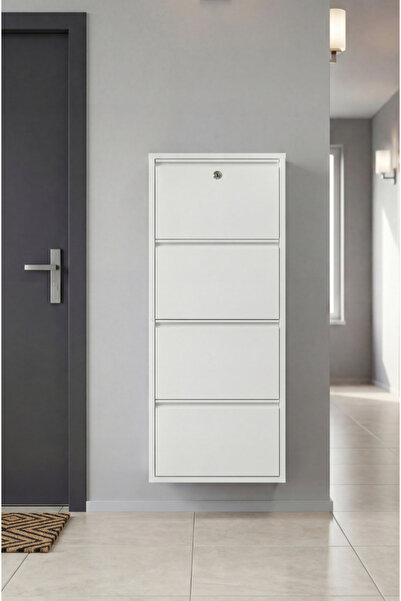 OVROL Kilitli Dörtlü 4'lü Metal Ayakkabılık Beyaz (Yedek Anahtarlı)