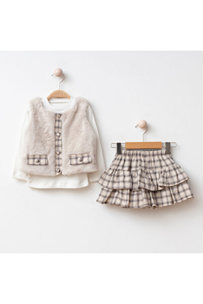 My Lusa baby wear Elisa Kız Çocuk Ekose Etekli ,Penyeli,Peluş Yelek Takım