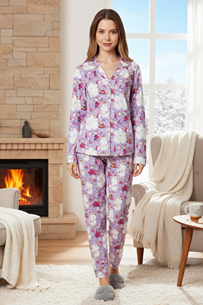 REMSA Women's Patterned Buttoned Front Suprem Pajama Set 0399 Purple02