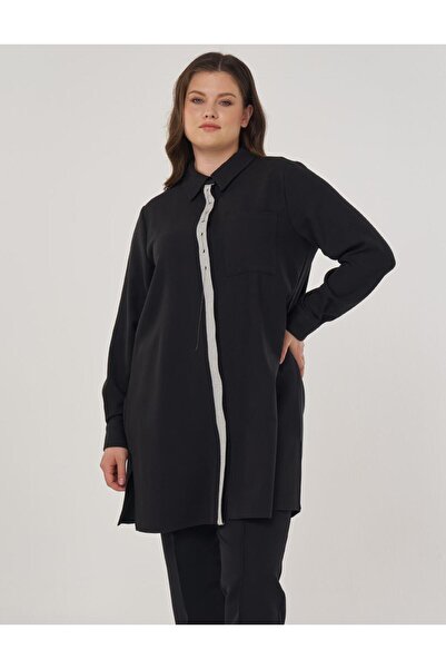 Kayra Chain Detailed Comfortable Cut Viscose Tunic Black 21022