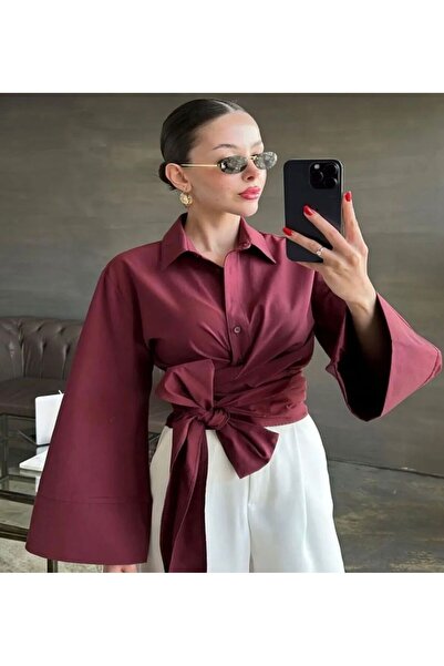 Butik Kadın Bordo Düğmeli Ve Kuşaklı Geniş Kol Belden Bağlamalı Gömlek