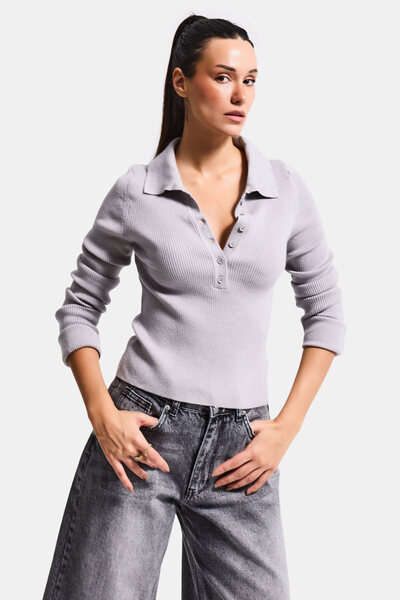 it's basic Women's Gray Color W5-12 Polo Collar Viscose Flexible Fabric Knitwear