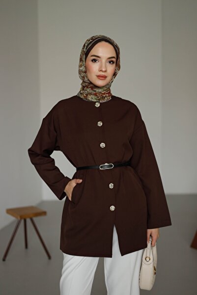 MOONSC Women's Hijab Jacket with Button Detail on the Front and Belt