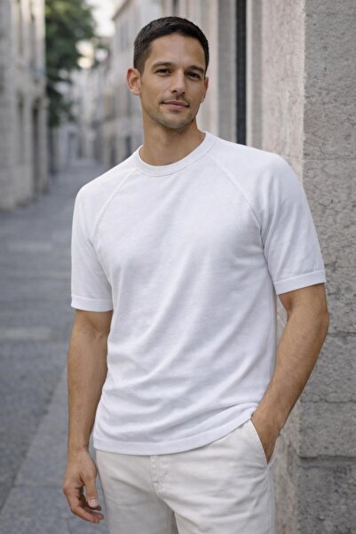 Valiberta Beckett Raglan Sleeve Slim Knitwear Short Sleeve Men's T-Shirt - Ecru