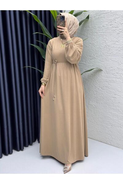 ZENA BY ÇETİN LEVENT Ribbed Knitted Striped Fabric Long Women's Dress