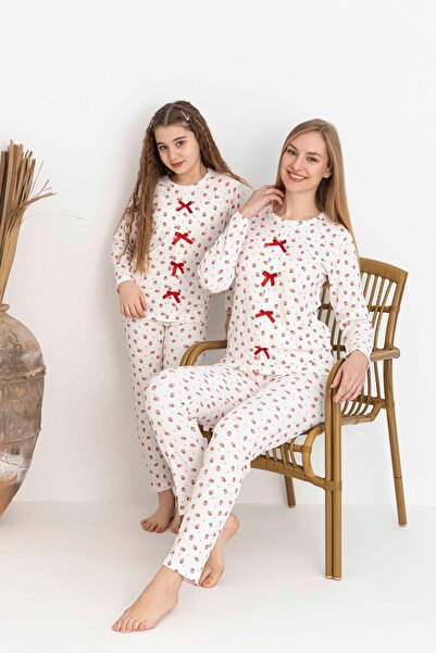 Tarık Women's Strawberry Pattern Bow Detailed Mother Daughter Long Sleeve Cri...