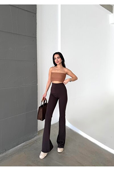 shaban Kadın Kahverengi Renk İspanyol Paça Yüksek Bel Toparlayıcı Esnek Düz Tayt