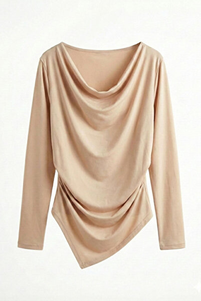 Potenza Women's Blouse Draped Long Sleeve Degaje Collar Asymmetrical Cut Sand...