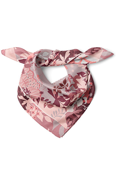 nehir eşarp Romantik Botanik Desenli Pudra-Bordo Desen Fular Bandana 50x50 Cm