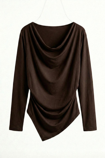 Potenza Women's Blouse Draped Long Sleeve Degaje Collar Asymmetrical Cut Sand...