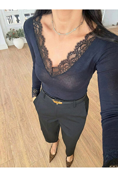 TLG GİYİM Women's V-Neck Transparent Lace Detail Cashmere Ultra Light Blouse