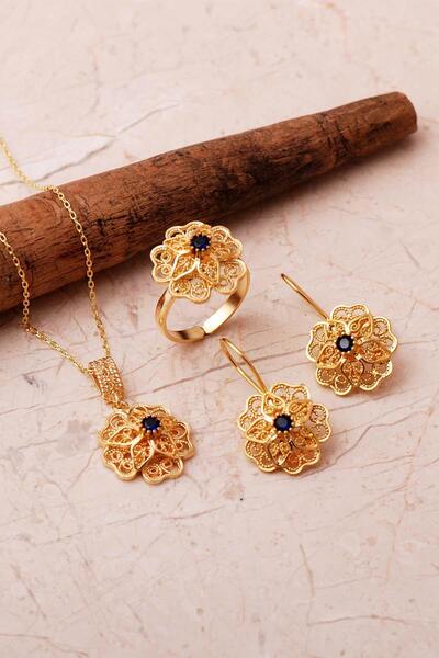 Sümer Telkari Taşlı Telkari Elişi Altın Kaplama 925 Ayar Gümüş Çiçek Set 2862