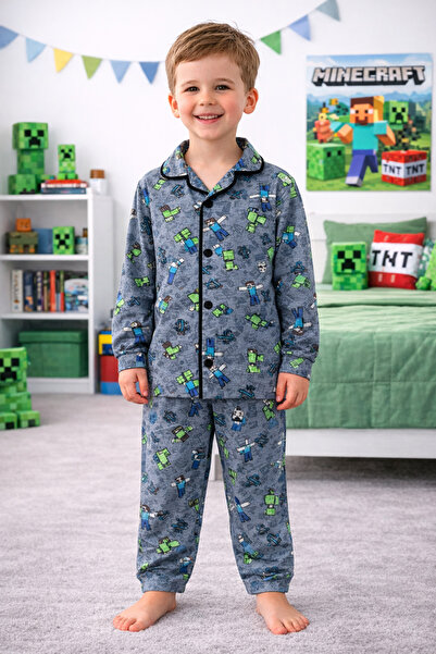 Pijjama's Erkek Çocuk Pijama Takımı Gri Desenli Uzun Kollu Düğmeli Pamuklu Al...