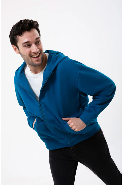 UNIQVIBE Zippered Organic Cotton Petrol Blue Men's Sweatshirt