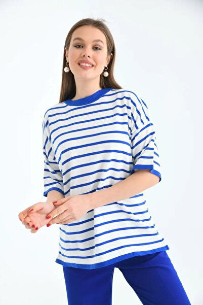 Park Karon Women's Crew Neck Striped Oversize Knitwear Sweater 10002