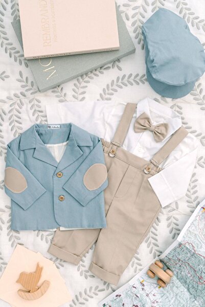 Andreeatex Costum de botez băieți din bumbac cu bretele și papion, 5 piese, g...