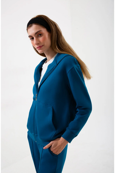 UNIQVIBE Zippered Organic Cotton Petrol Blue Women's Sweatshirt
