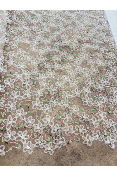 METERİAL قماش تول مطرز بالترتر والزهور - قماش أخضر ووردي مزين بالترتر لفساتين...